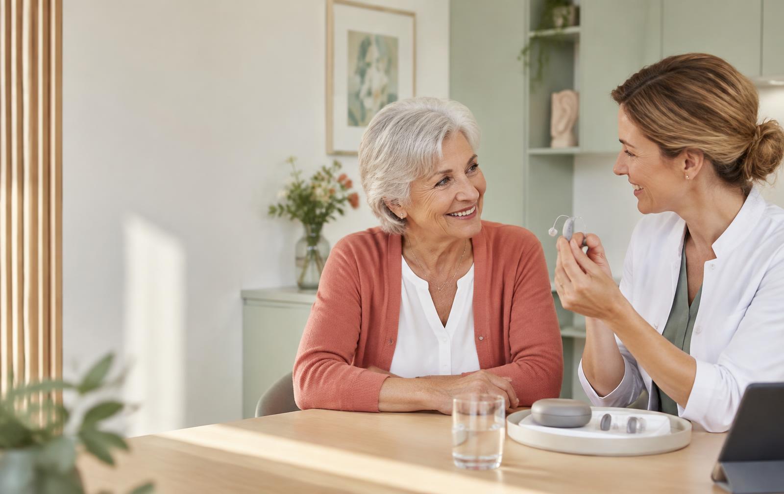 Een oudere vrouw bespreekt een hoortoestel met een audicien